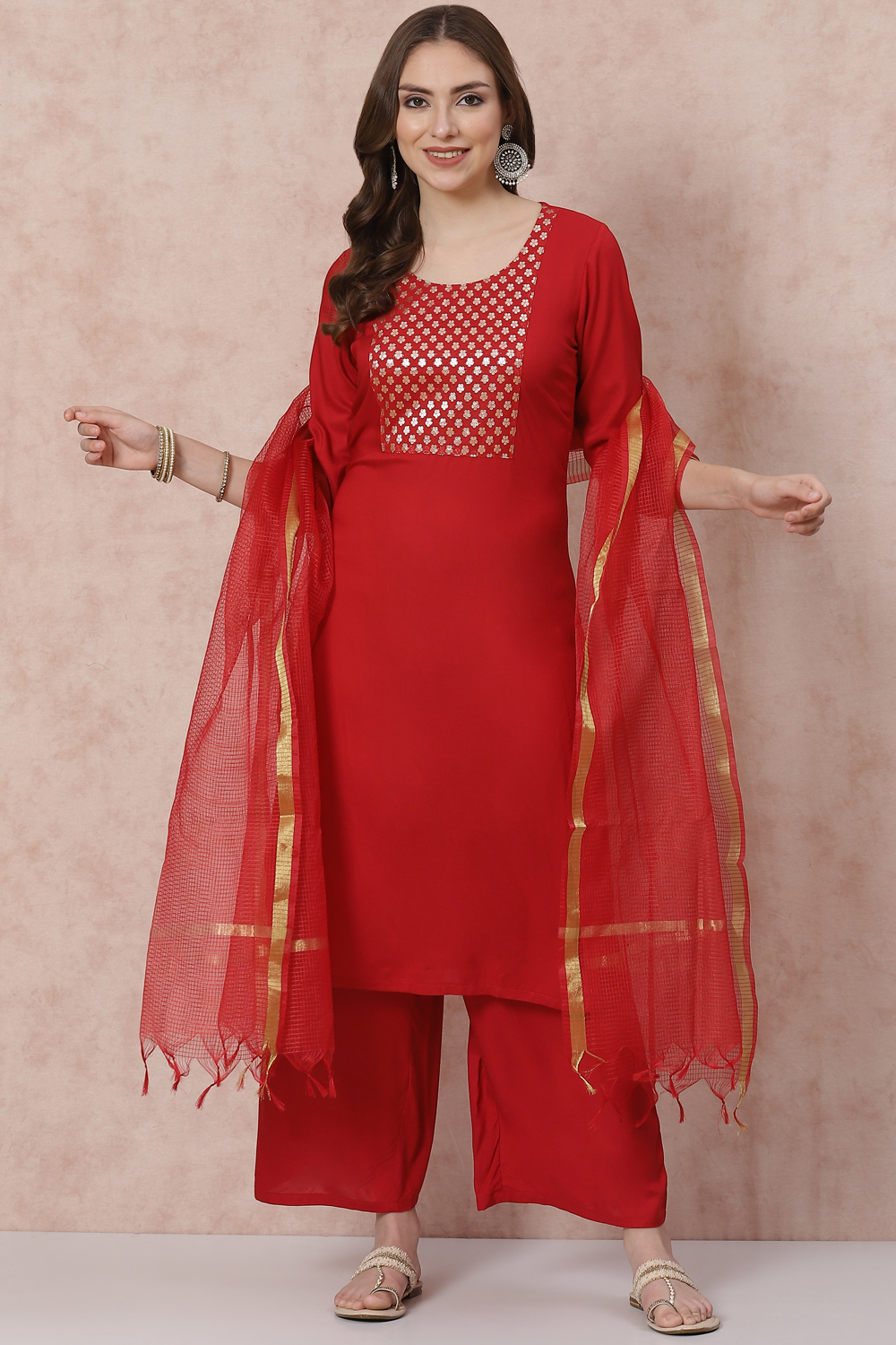 Red Solid Straight Suit Set image number 6